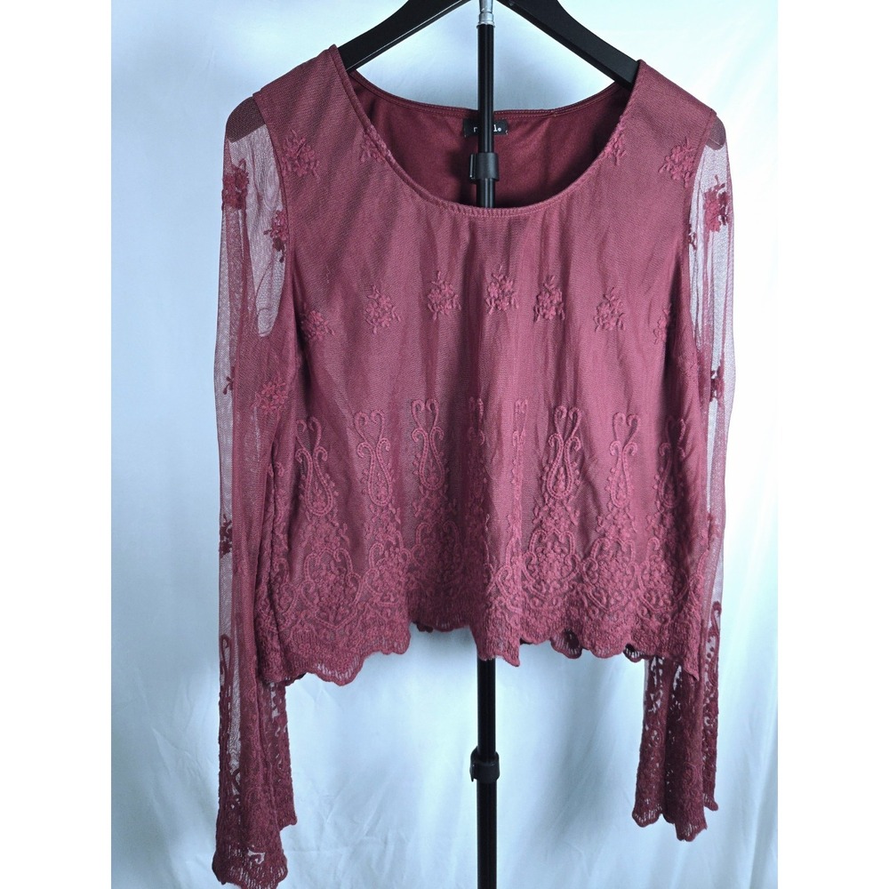 Embroidered Lace Mesh Sheer Burgundy Bell Sleeve Top Sz M Witchy Whimsigoth Boho